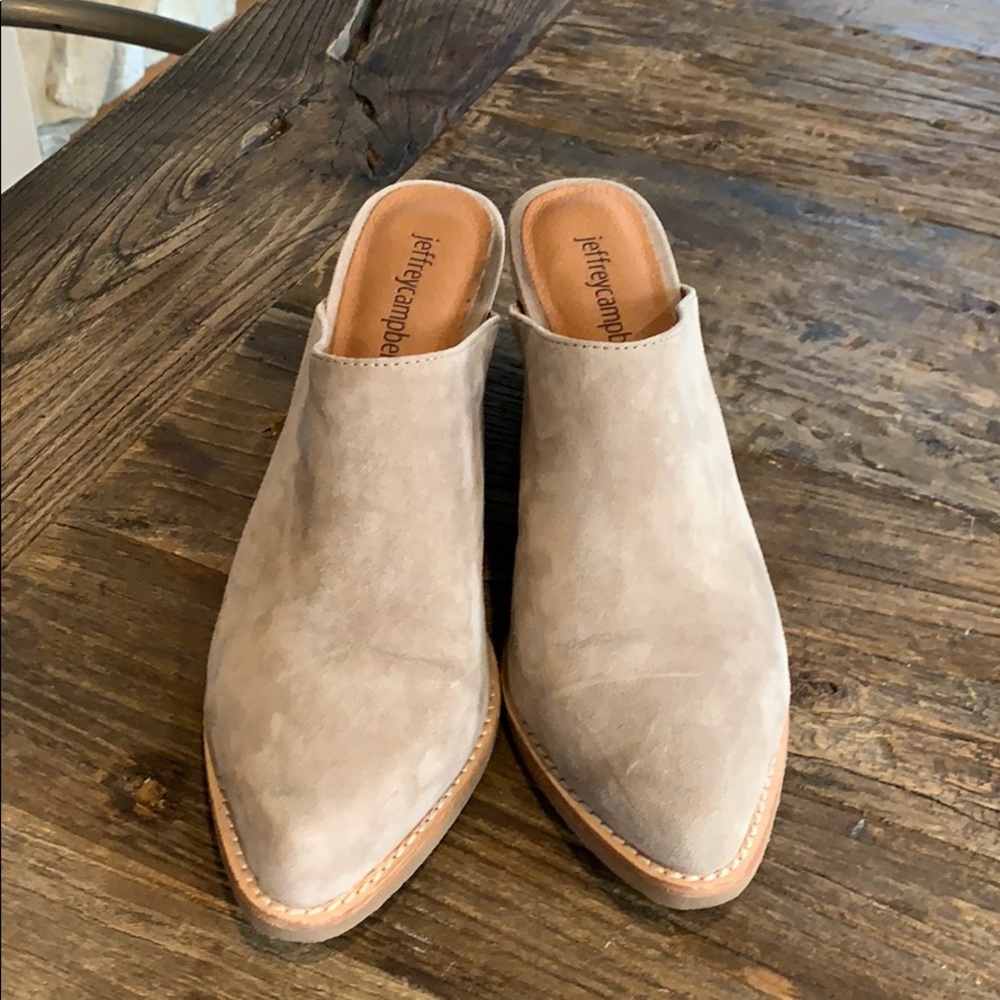 Jeffrey Campbell Favela  beige suede mules.